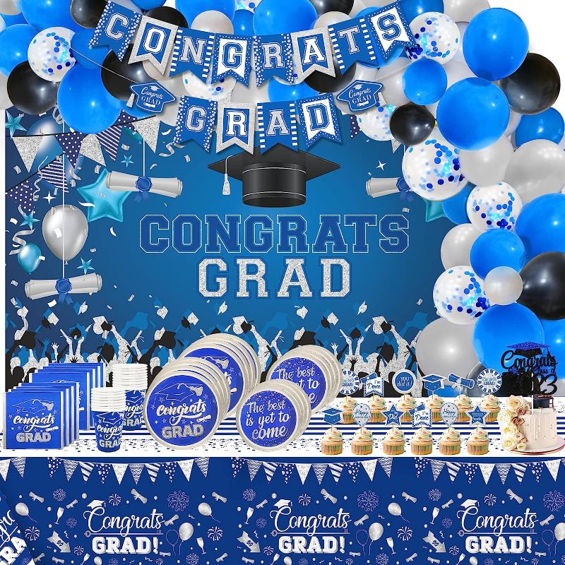 Photo 2 of 164Pcs Blue and White Graduation Decorations Class of 2023 Graduation Backdrop Graduation Party Decorations 2023 Congrats Grad Plates and Napkins Graduation Tablecloth Blue and Sliver Graduation Party Supplies 2023