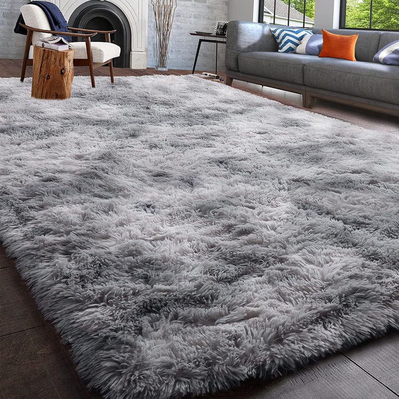 Photo 1 of  RugPlush Furry Rugs for Living Room, Tie-Dyed Light Grey Soft Fluffy Rugs for Bedroom, Fuzzy Rugs for Nursery, Dorm...
