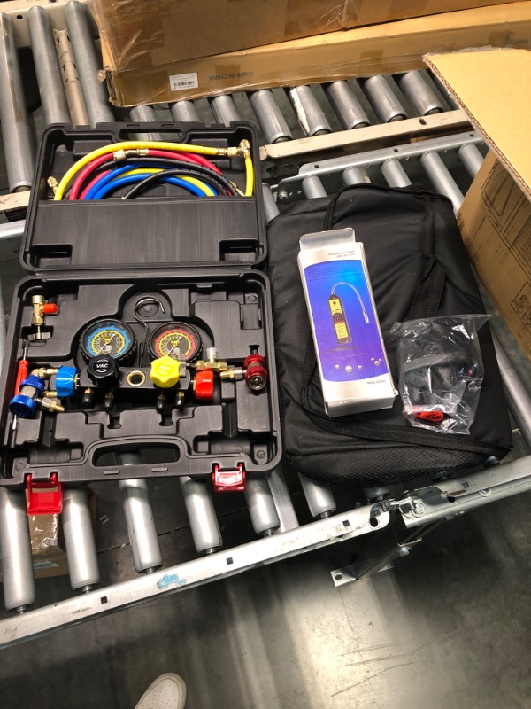 Photo 3 of Orion Motor Tech AC Vacuum Pump and Gauge Set, 4 Way AC Gauges and 4 cfm HVAC Vacuum Pump with Leak Detector 5FT Hoses Couplers R410a Adapters, Puncturing & Self Sealing R134a Can Taps AC Recharge Kit