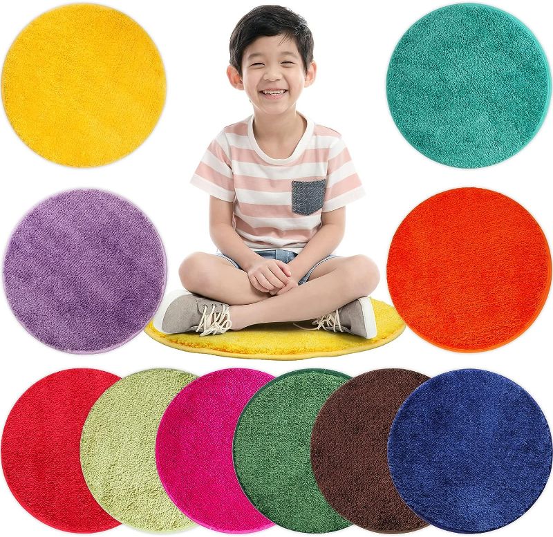 Photo 1 of 10 Pieces Kids Crazy Carpet Circle Seats 18 Inch Rainbow Round Floor Rug Mats Soft Warm Colorful Floor Cushions for Home School Classroom Story Time Group Activity Spot Marker Play Areas
