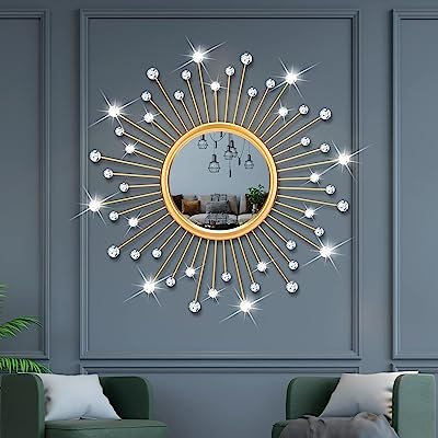 Photo 1 of ZOOPEEN Gold Sunburst Wall Mirror Decor for Living Room Entryway Hallway 20 Inch Sun Large Round Mirrors with Crystal Diamond for Home Bedroom Decorative Mid Century Modern Starburst Hanging Mirror