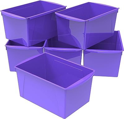 Photo 1 of Storex Extra-Large Book Bin, Interlocking Plastic Organizer for Home, Office and Classroom, Purple, 6-Pack 