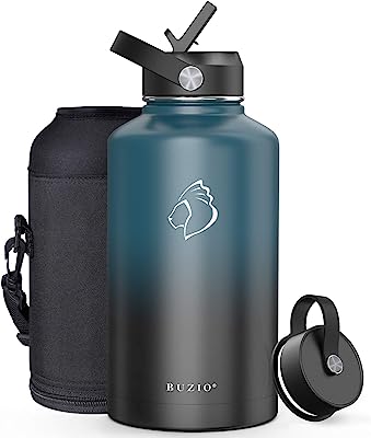 Photo 1 of BUZIO Insulated Water Bottle with Straw Lid and Flex Cap, 64oz Double Wall Vacuum Stainless Steel Water Thermo Wide Mouth Lid, Cold for 48 Hrs Or Hot for 24 Hrs Sweat Proof Flask, Indigo Crush