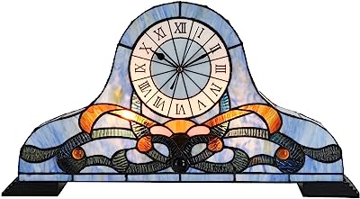 Photo 1 of Bieye L10661 Baroque Desk Clock Tiffany Style Stained Glass Accent Table Lamp for Living Room Bedside Home Decoration, Night Light with Quartz Watch Inside (Blue)
