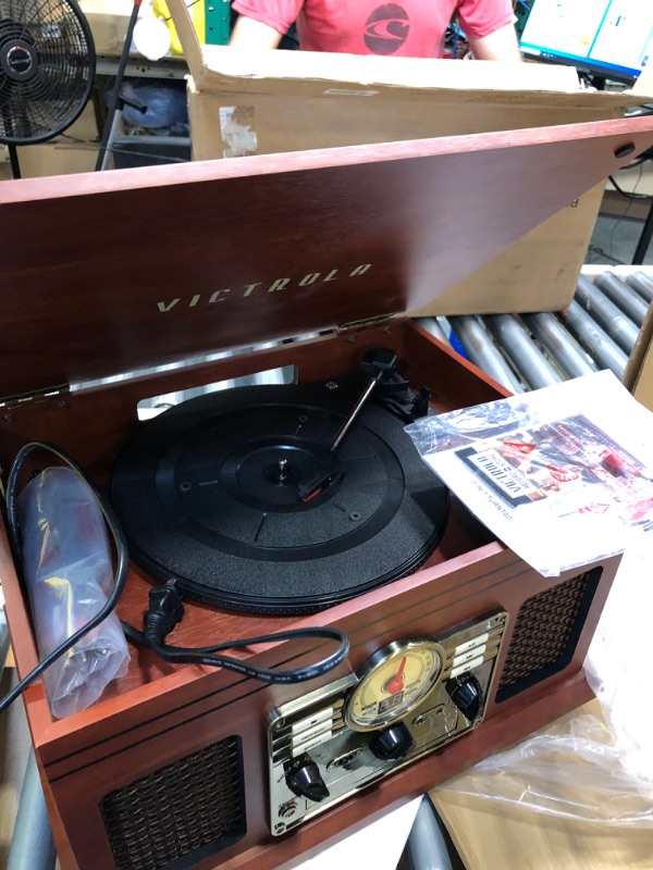 Photo 5 of Victrola Nostalgic 6-in-1 Bluetooth Record Player & Multimedia Center with Built-in Speakers - 3-Speed Turntable, CD & Cassette Player, FM Radio | Wireless Music Streaming | Mahogany
