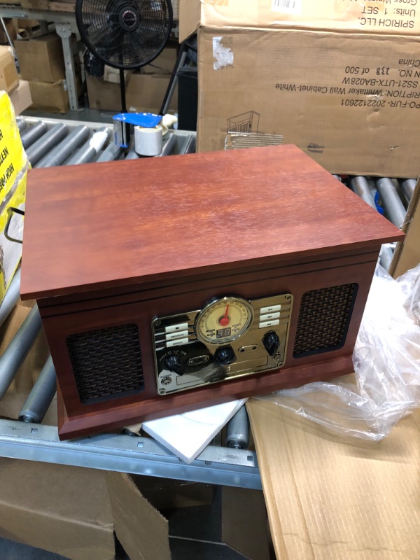 Photo 3 of Victrola Nostalgic 6-in-1 Bluetooth Record Player & Multimedia Center with Built-in Speakers - 3-Speed Turntable, CD & Cassette Player, FM Radio | Wireless Music Streaming | Mahogany
