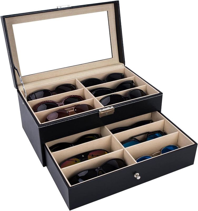 Photo 1 of AUTOARK Leather 12 Piece Eyeglasses Storage and Sunglass Glasses Display Drawer Lockable Case Organizer,Black,AW-023