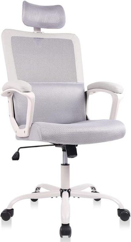 Photo 1 of Office Chair, Ergonomic Mesh Computer Desk Chair, High Back Swivel Task Executive Chair Padding Armrests with Adjustable Rotatable Headrest Lumbar Support (Light Gray, No Hanger)
