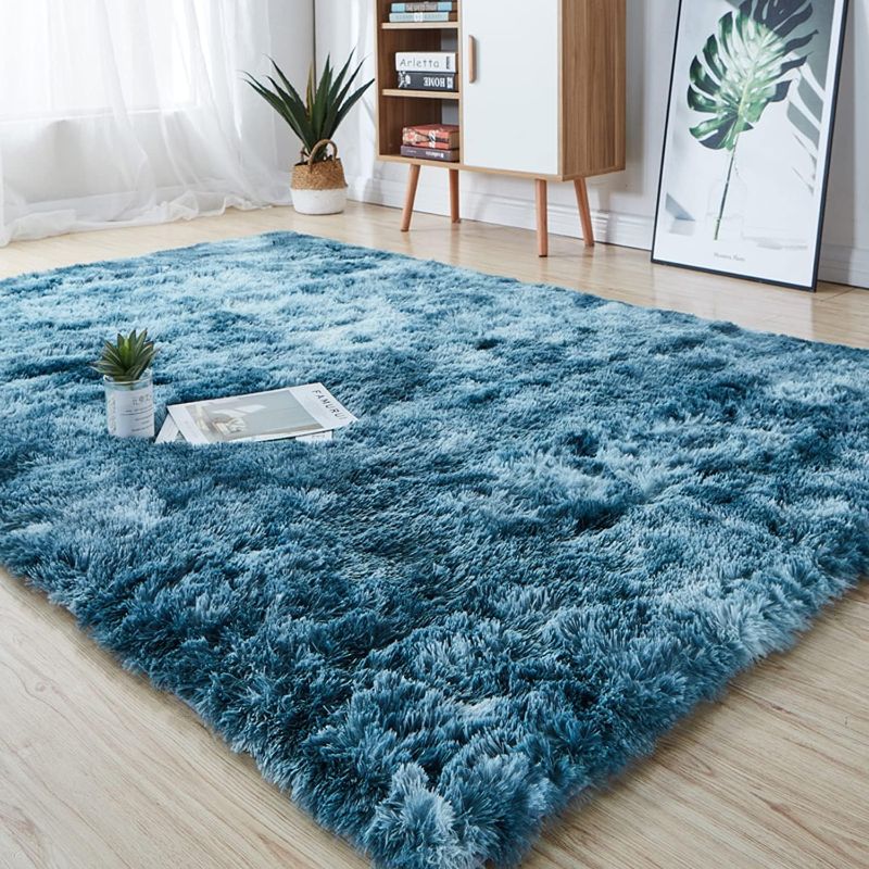 Photo 1 of  Blue Shag Area Rug, Ocean Blue Velvet Shag Area Rug, Plush Indoor Large Rugs, Extra Soft and Fluffy Rug for Bedroom Living Room Girls Kids Nursery,5x7 Feet