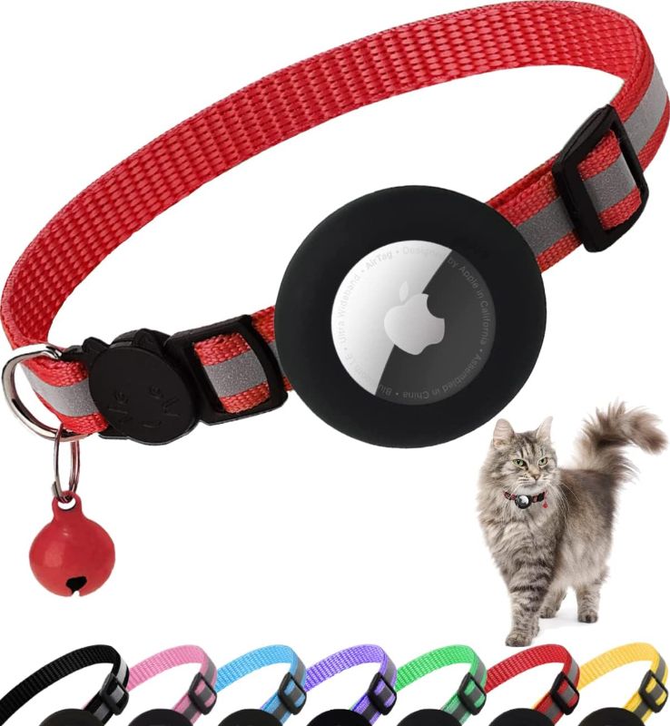 Photo 1 of Airtag Cat Collar Breakaway, Reflective Kitten Collar with Apple Air Tag Holder and Bell for Girl Boy Cats, 0.4 Inches in Width and Lightweight (Red)