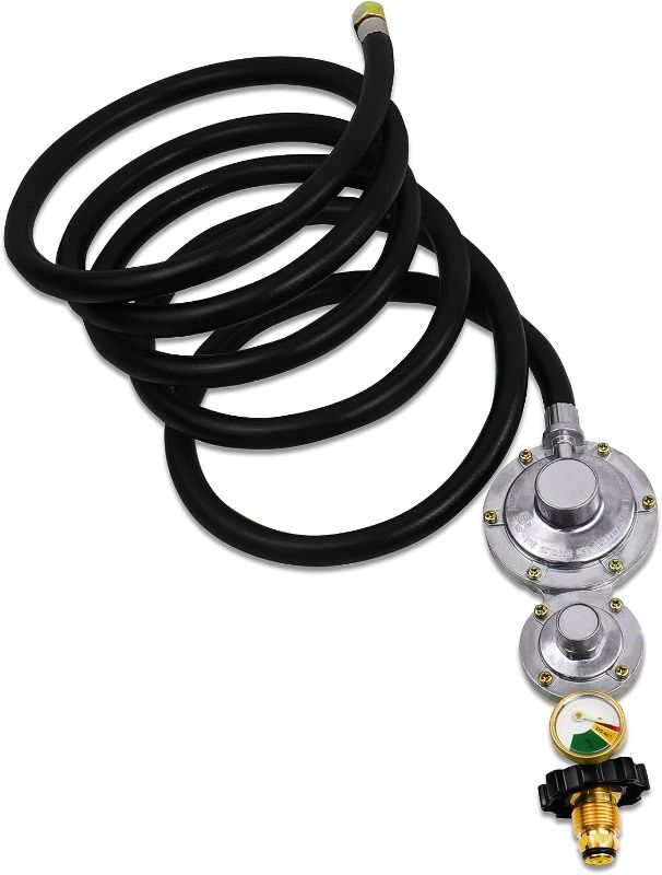 Photo 1 of Azdele Upgraded Two Stage Propane Regulator with 5ft Hose and Gauge, Standard P.O.L Tank Connection, 3/8in Female Flare Fitting for Grill, Heaters, Fire Pit, Gas Generator/Stove/Range-CSA Certified