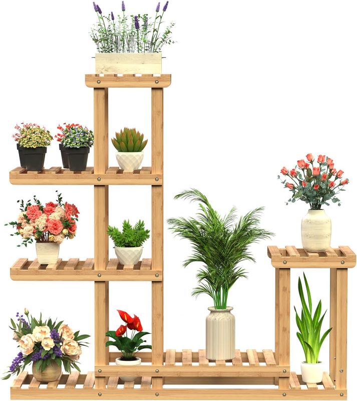 Photo 1 of 2023 Upgraded Sturdy] Bamboo Plant Stand, Winpull Indoor Plant Stand 4 Tier 10 Potted Plant Shelf for Multiple Plants, Plant Stand Outdoor Flower Pots Holder Planter Display Rack, for Balcony Living Room Garden Patio