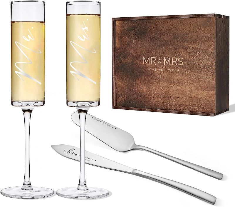 Photo 1 of AW BRIDAL Mr & Mrs Champagne Flutes Bride and Groom Champagne Glasses Wedding Cake Knife Set Cake, Cake Cutting Set for Wedding,Bridal Shower Gift Wedding Anniversary Engagement for Couple


**broken bottom on one glass**