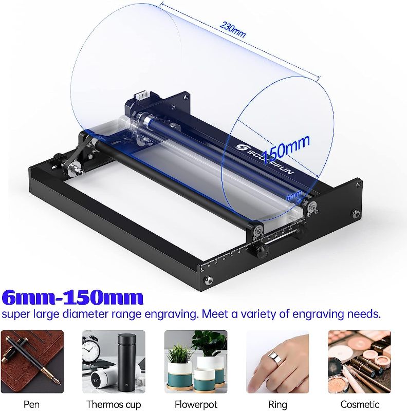 Photo 1 of SCULPFUN Laser Rotary Roller, Y-axis Rotary Roller for Laser Engraver Cutter Engraving Cylindrical Objects and Cans with 360°Rotating and 4 Height raisers, Support Diameter 6-150mm