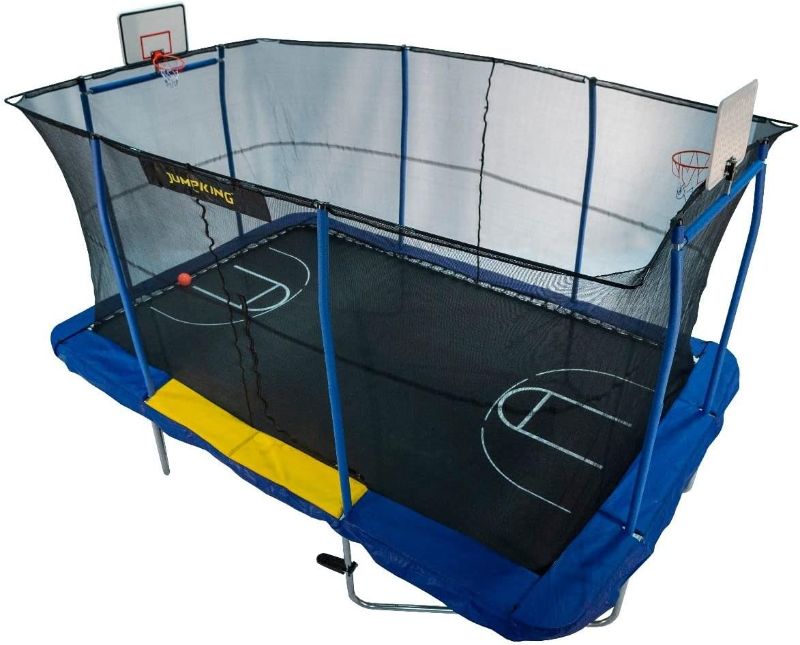 Photo 1 of Jumpking Rectangular de 10 x 15 pies con 2 aros de baloncesto, pisadas y cancha de impresión azul y amarillo Combo JK1015RCBHFTCT