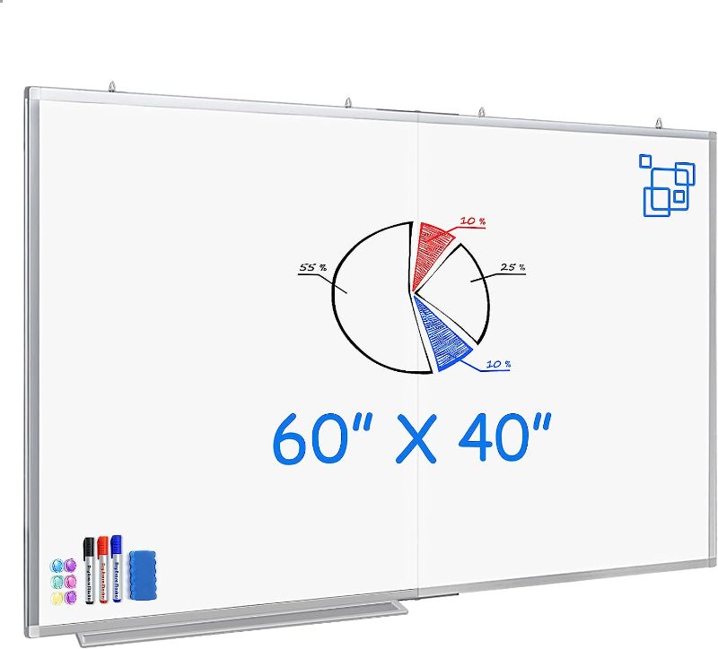 Photo 1 of Large Magnetic Whiteboard, maxtek 60 x 40 Magnetic Dry Erase Board Foldable with Marker Tray 1 Eraser 3 Markers and 6 Magnets | Wall-Mounted Aluminum Memo White Board for Office Home and School
