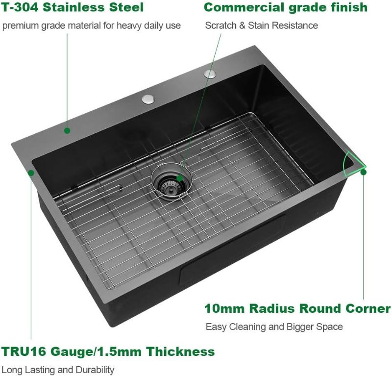 Photo 1 of 28 Black Stainless Steel Kitchen Sink - Sarlai 28 Inch Kitchen Sink Topmount Gunmetal Black Stainless Steel 16 Gauge Single Bowl Drop Kitchen Sink Basin