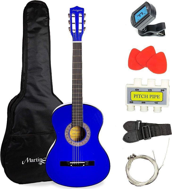 Photo 1 of Martin Smith Acoustic Guitar Kit with Gig Bag, Plectrums, Pick Holder, Tuner, Strap & Spare Strings 6 Pack, Right, Blue (W-38-BL)