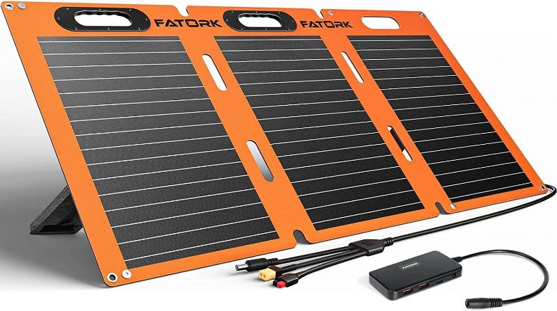 Photo 1 of 100W Solar Panels, FATORK Portable Solar Panel Kit Foldable 3-in-1 Output Cords Solar Panel Charger with Adjustable Foot Pedal for Homes, Camping, RV, Fishing