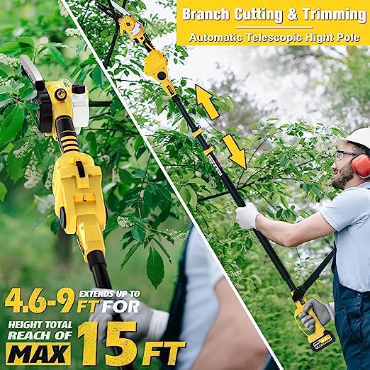 Photo 1 of 2-IN-1 Cordless Pole Saw & Mini Chainsaw, IMOUMLIVE Brushless Chainsaw, 6.9 LB Lightweight, 21V 3.0Ah Li-ion Battery, 6" Cutting with Oiling System, 15-Foot MAX Reach Pole Saw for Tree Trimming 6 inches
