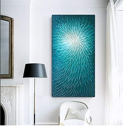 Photo 1 of Amei Art Paintings, 24X48Inch Hand Painted Textured Wall Art on Canvas Oil Hand Painting Blooming Floral Artwork Art Wood Inside Framed Hanging Wall Decoration Abstract Oil Paintings (Teal Blue)
