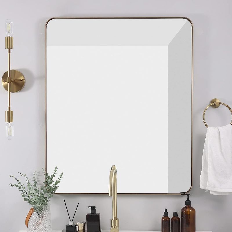 Photo 1 of ANDY STAR Gold Bathroom Mirror, 30"x36" Bathroom Vanity Wall Mounted Mirror, Solid Rounded Rectangle Mirror, Modern Anti Rust Metal Frame, Hangs Horizontally or Vertically