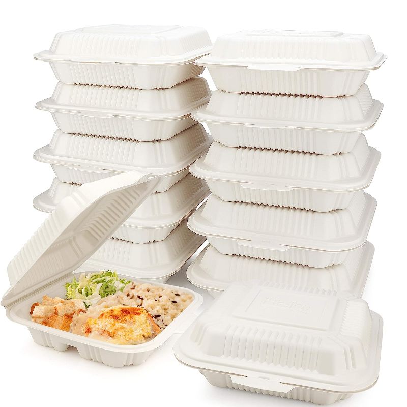 Photo 1 of HeloGreen Eco Friendly 3 Compartment 100 Count 8"x8" To Go Food Containers - To Go Containers Disposable, Take Out Food Containers, To Go Boxes for Food, Clamshell Food Container, Heavy Duty To Go Box