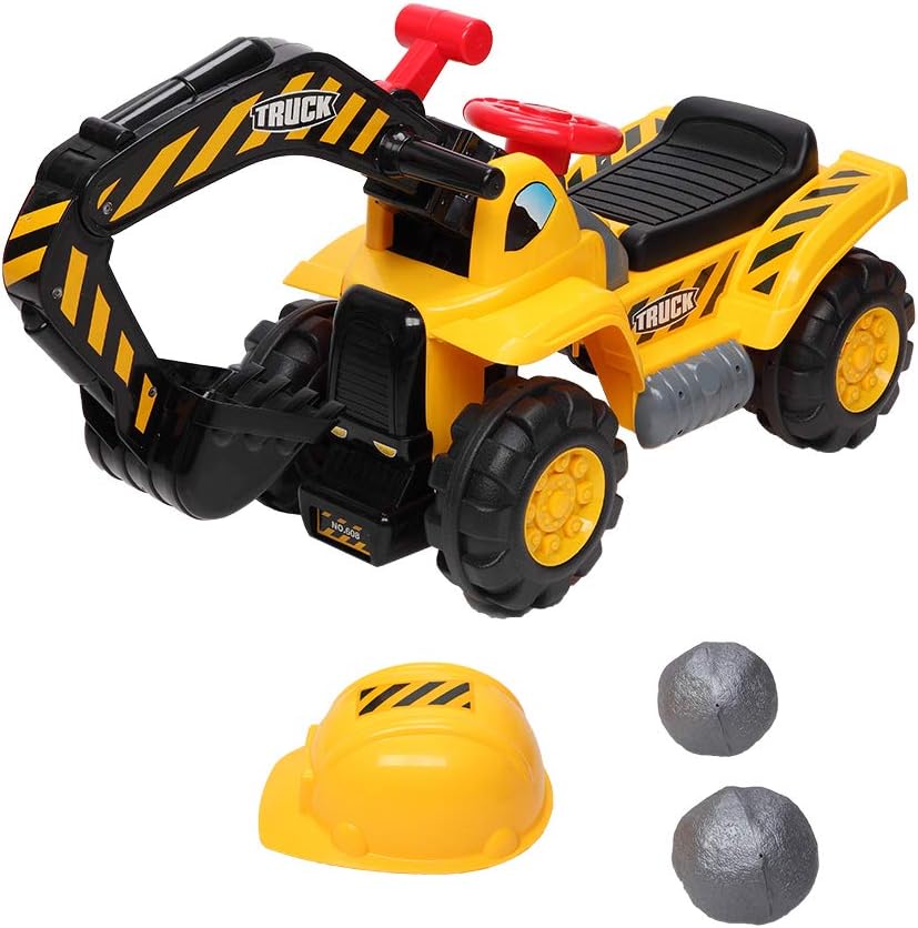 Photo 1 of JOYMOR Children’s Excavator Toy Ride On Toy, Push and Go Construction Toy for Boys and Girls with Sounds, for Indoor and Outdoor Play, Includes Plastic Artificial Stones and Hard Safety Helmet