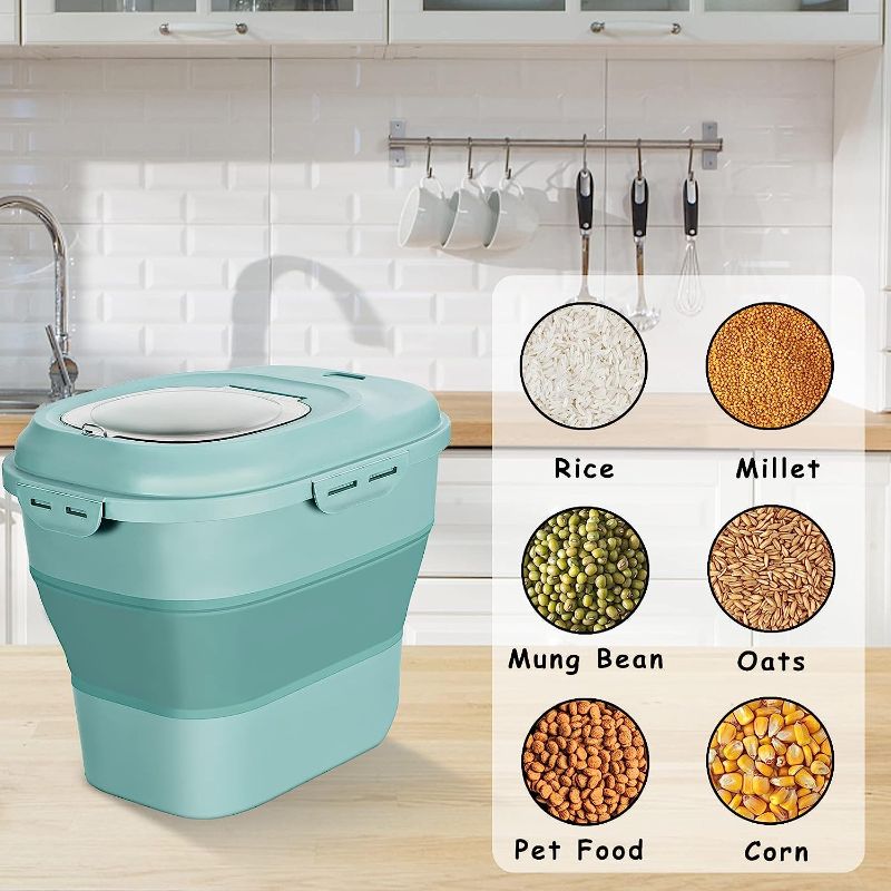 Photo 1 of Cereal Rice Food Storage Containers, Collapsible 20 to 50 Lbs Dispenser Bin with Rolling Wheel Airtight Locking Lid, Dog Pet Cat Flour Sugar Plastic Leakproof Sealable Large Kitchen Pantry Holder