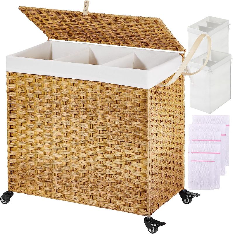 Photo 1 of Laundry Hamper with 3 Removable Liner Bags; 132L Handwoven Rattan Laundry Basket with Lid & Heightened Feet; Clothes Hamper with Side Handles; Laundry Sorter with 3 Separate Sections (Natural)