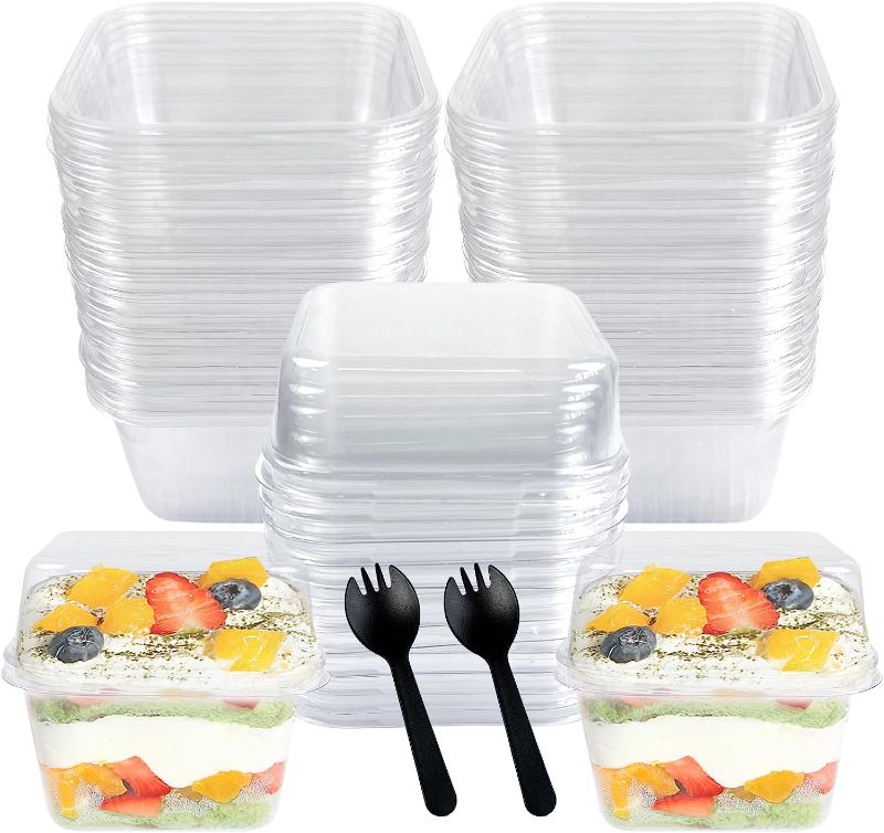 Photo 1 of 50 Pack Disposable Clear Plastic Cups Ice-cream Cups with Lids and Sporks, 8 oz Square PET Sundae Dessert Cups for Iced Coffee Cold Drinks Frozen Yogut Fruits Jello Snacks Bubble Boba Juice Milkshake