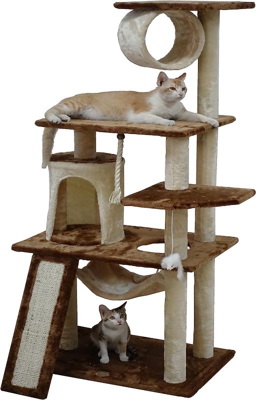 Photo 1 of Go Pet Club 53" Cat Tree Kitty Tower Kitten Scratcher Condo House Furniture with Hammock and Tunnel Indoor Cat Activity Center, Beige/Brown