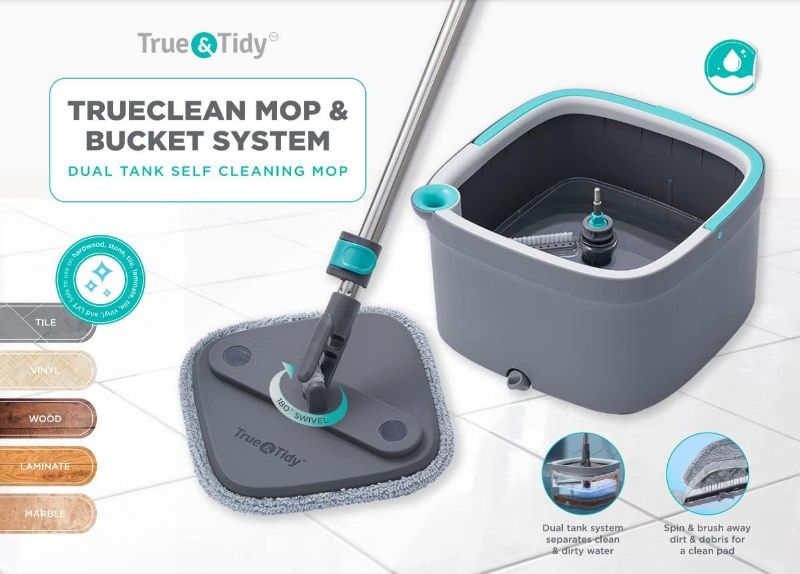 Photo 1 of True & Tidy, True Clean Mop and Bucket System, Includes Self-Cleaning Mop, Dual Compartment Mop Bucket and 2 Thick Washable Microfiber Mop Pads, SPIN-800A, Gray
