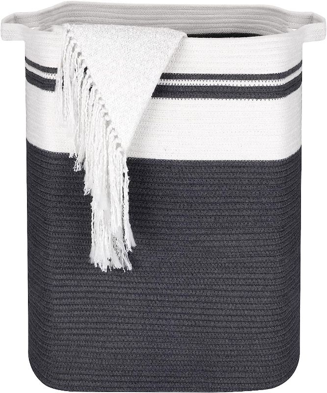 Photo 1 of DOFASAYI Laundry Basket - Large Foldable Woven Rope Tall Laundry Hamper with Handles, Living Room Decorative Blanket Basket, Collapsible Large Storage Basket for Bedroom 17x13.8x22.1'' Dark gray