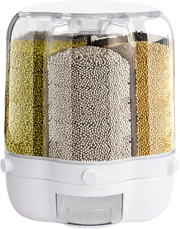 Photo 1 of PIOJNYEN Grain Dispenser, 360° Rotating Grain Storage Food Dispenser with Lid Moisture Resistant Household, Upgrade 6 Compartment Rotating Rice Dispenser Storage Container for Small Grains, Beans