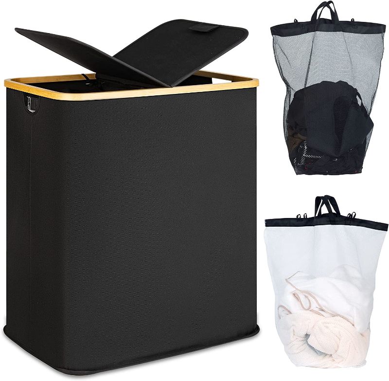 Photo 1 of efluky Double Laundry Hamper with Lid, Divided Laundry Hamper with Removable Bags, 2 Section Dirty Clothes Basket with Handles for Bathroom, Bedroom & Laundry Room, 140L Black