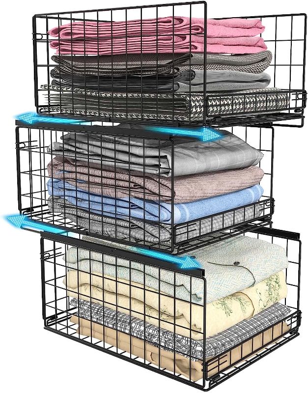 Photo 1 of 3-tier Sliding Closet Organizers and Drawer Storage Shelves, Stackable Storage Bins for Jean Pants Sweaters, Metal Drawer Shelf Clothes Storage Container, Wardrobe Cupboard Organizer for Folded Clothes (Closet Organizers Black)