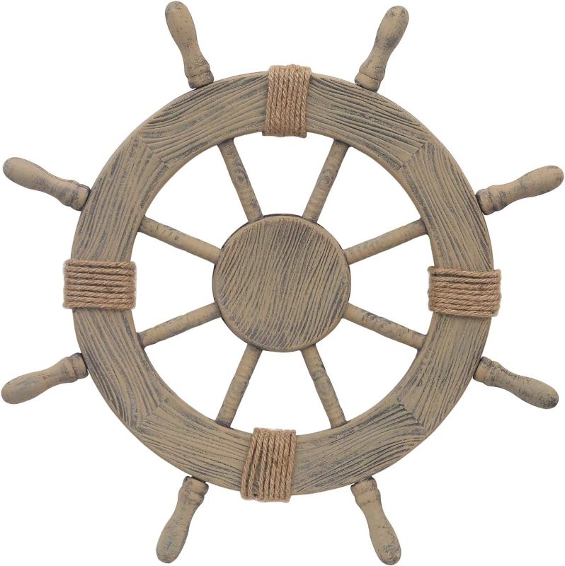 Photo 1 of Asense Ornamental Wall Decoration Wooden Nautical Ship Steering Wheel, 24-inch, Brown