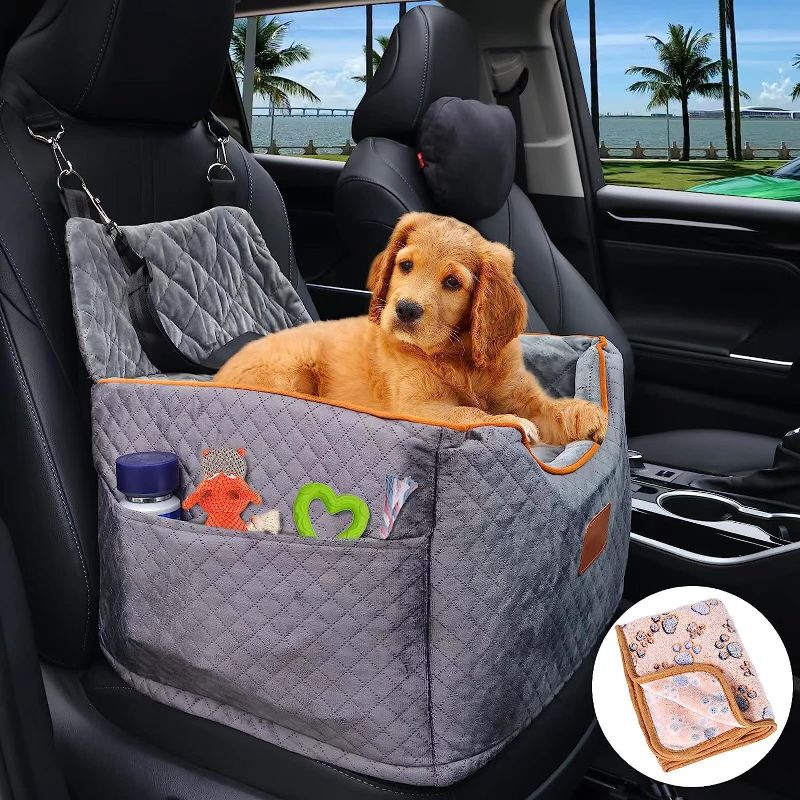 Photo 1 of AlfaTok Memory Foam Booster Dog Car Seat with Washable Removable Cover, Elevated Pet Car Seat, Anti-Slip Sturdy Dog Booster Seats for Small Dogs 25lbs, Dog Seat Belt, Storage Pocket, Dog Blankets