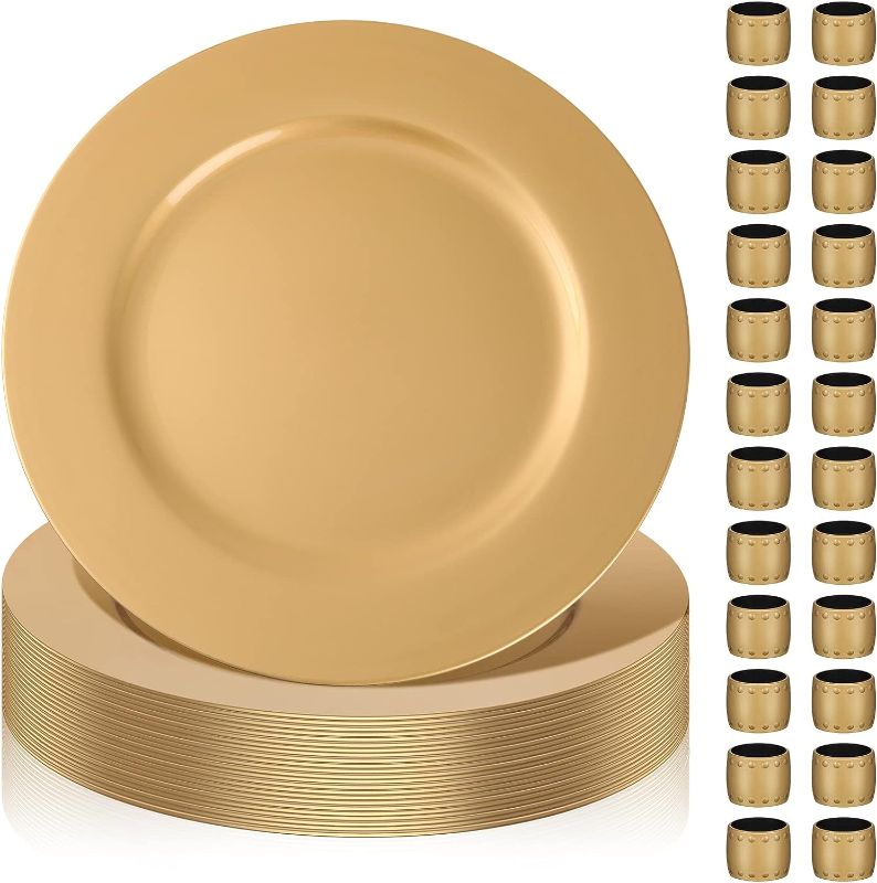 Photo 1 of 24 Packs Charger Plates Plastic Round Plate Metal-like Plastic Dinner Plate Beaded Dinner Chargers Reusable Charger and Service Plate for Dinner, Wedding, Party, Event, Decoration (Gold)