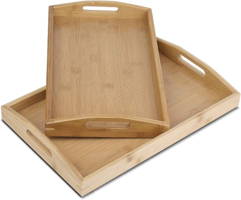 Photo 1 of ***ONE SIDE ON LARGE IS LOOSE*** Flexzion Bamboo Serving Tray with Handles Stackable Nesting Trays for Eating, Rectangular Small and Large Wooden Tray Set for Breakfast, Dinner, Snack, Party, Bed, Couch Lap Food Tray, Set of 2