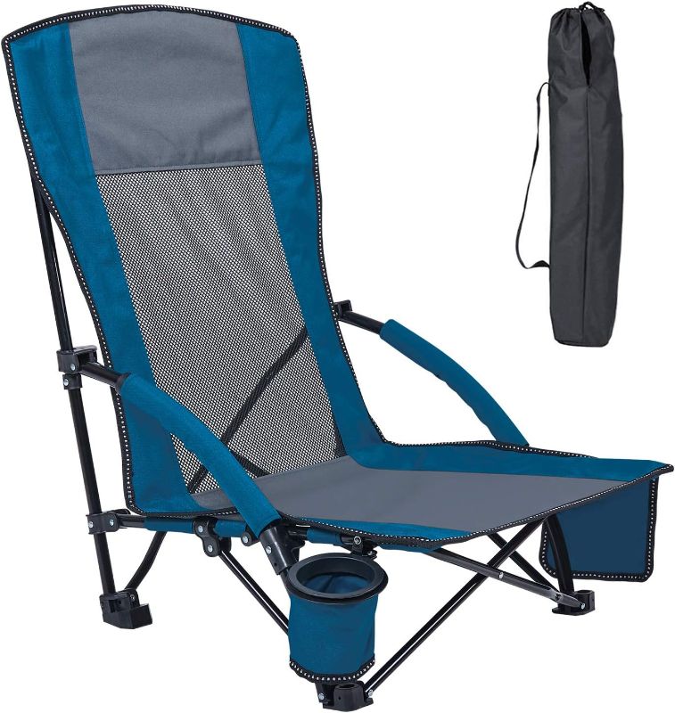 Photo 1 of XGEAR High Back Low Seat Folding Beach Chair with Cup Holder and Carry Bag, Mesh Back Sand Chair for Beach, Lawn, Camping, Travel, Support Up to 300 lbs (1chair Blue)
