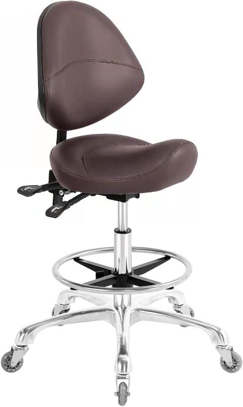 Photo 1 of Saddle Stool Chair with Back Support Footrest, Heavy-Duty(350LBS), Hydraulic Rolling Swivel Adjustable Stool Chair for Salon Spa Beauty Massage Dental Clinic Home Office Use(With Backrest Footrest)