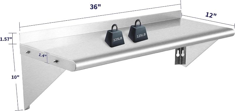 Photo 1 of BIEAMA 2PCS 12"×36" Stainless Steel Wall Shelf, NSF, Commercial Wall Mount Floating Shelving for Restaurant, Kitchen and Hotel
