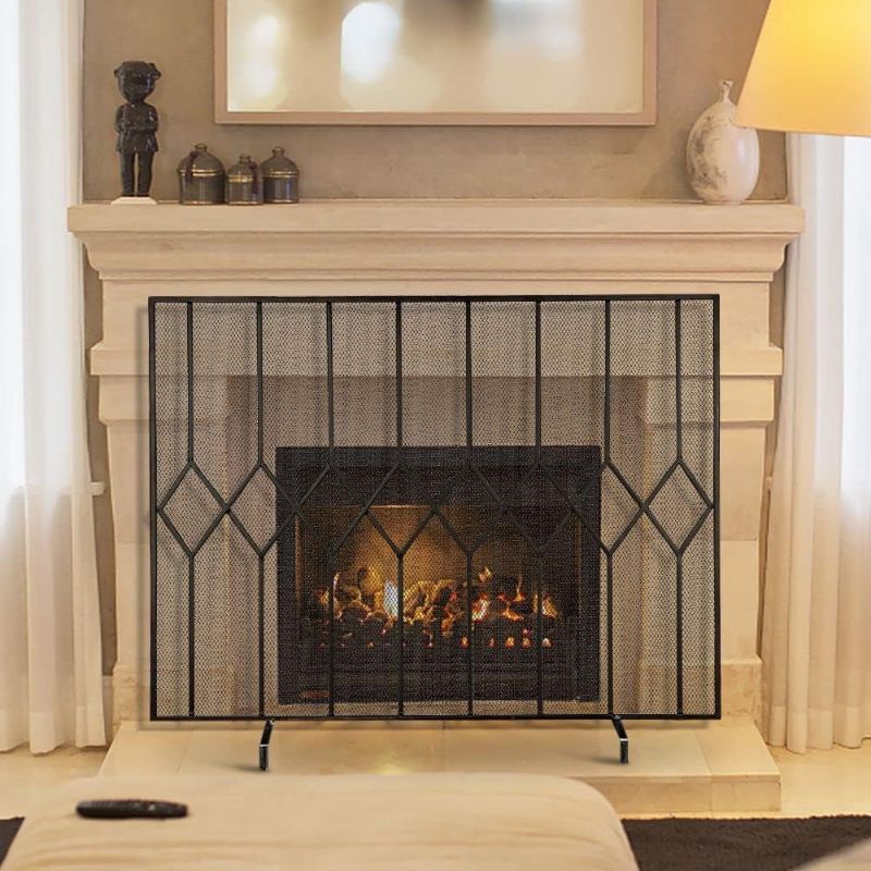 Photo 1 of Amagabeli Garden Home Black Fireplace Screen 38x31in for Wood Burning Fireplace Single Panel Wrought Iron Fireplace Cover with Fire Spark Guard for Indoor Outdoor Fire Screens