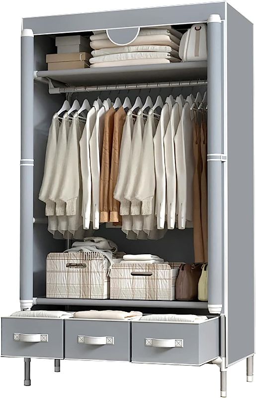 Photo 1 of ASSICA Portable Clothes Closet Rolling Door Wardrobe with Hanging Rack Non-Woven Fabric Storage Organizer with Three Drawer Boxes No-Tool Assembly - 35.4 x 17.7 x 67.0 ‘’ (Gray)