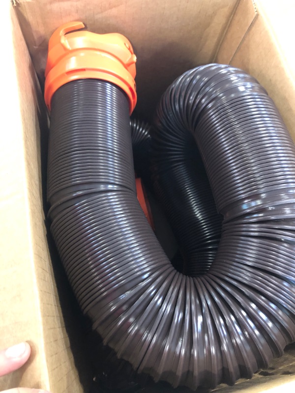 Photo 1 of Camco RhinoFLEX RV Sewer Hose Kit with Swivel Transparent Elbow and 4-in-1 Dump Station Fitting, Brown, 15 Feet (39770) 15ft Sewer Hose Kit Frustration-Free Packaging