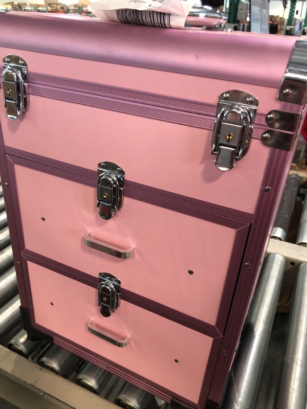 Photo 1 of Adazzo Professional Rolling Makeup Train Case with Drawers, Large Cosmetic Trolley with Locks, Cosmetics Storage Organizer Make up Case for Travel Makeup / Nail Art / Hair Styling, Matte Pink