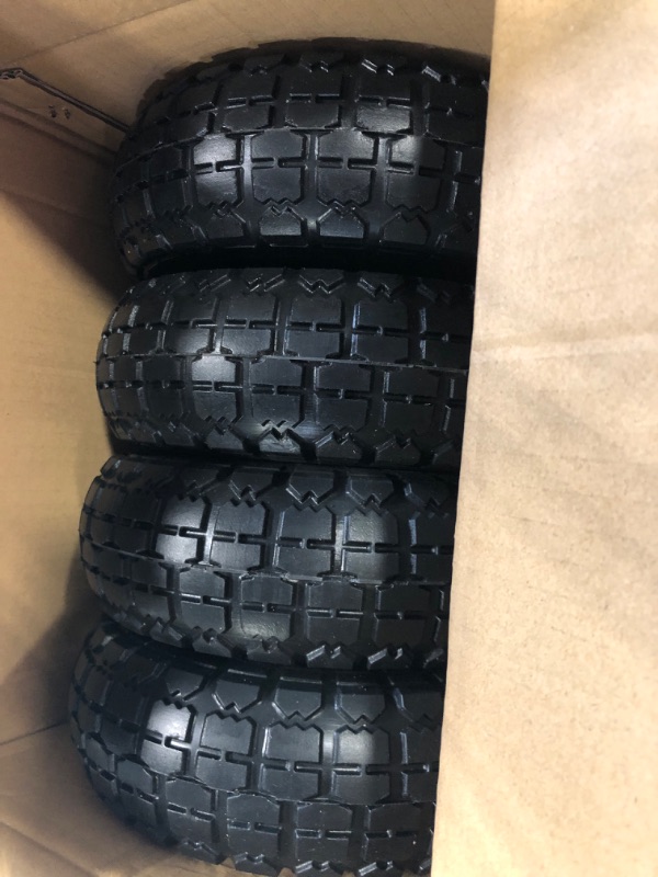 Photo 2 of 4 Pcs 10" Flat Free Tires Solid Pneumatic Tires Wheels, 4.10/3.50-4 Air Less Tires with 5/8" Center Bearings, for Wheelbarrow/Dolly/Garden Wagon Carts/Hand Truck/Wheel Barrel/Lawn Mower, 4 Pack 4 pcs 10'' 4.1/3.50-4
