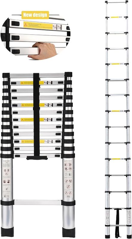 Photo 1 of Aluminum Telescoping Ladder 12.5 FT, Extension RV Ladder, Collapsible Ladder with Locking Mechanism, Heavy Duty 330lbs Capacity, Multi-Purpose Compact Ladders for Home with Auxiliary Whee Wheel 12.5 FT